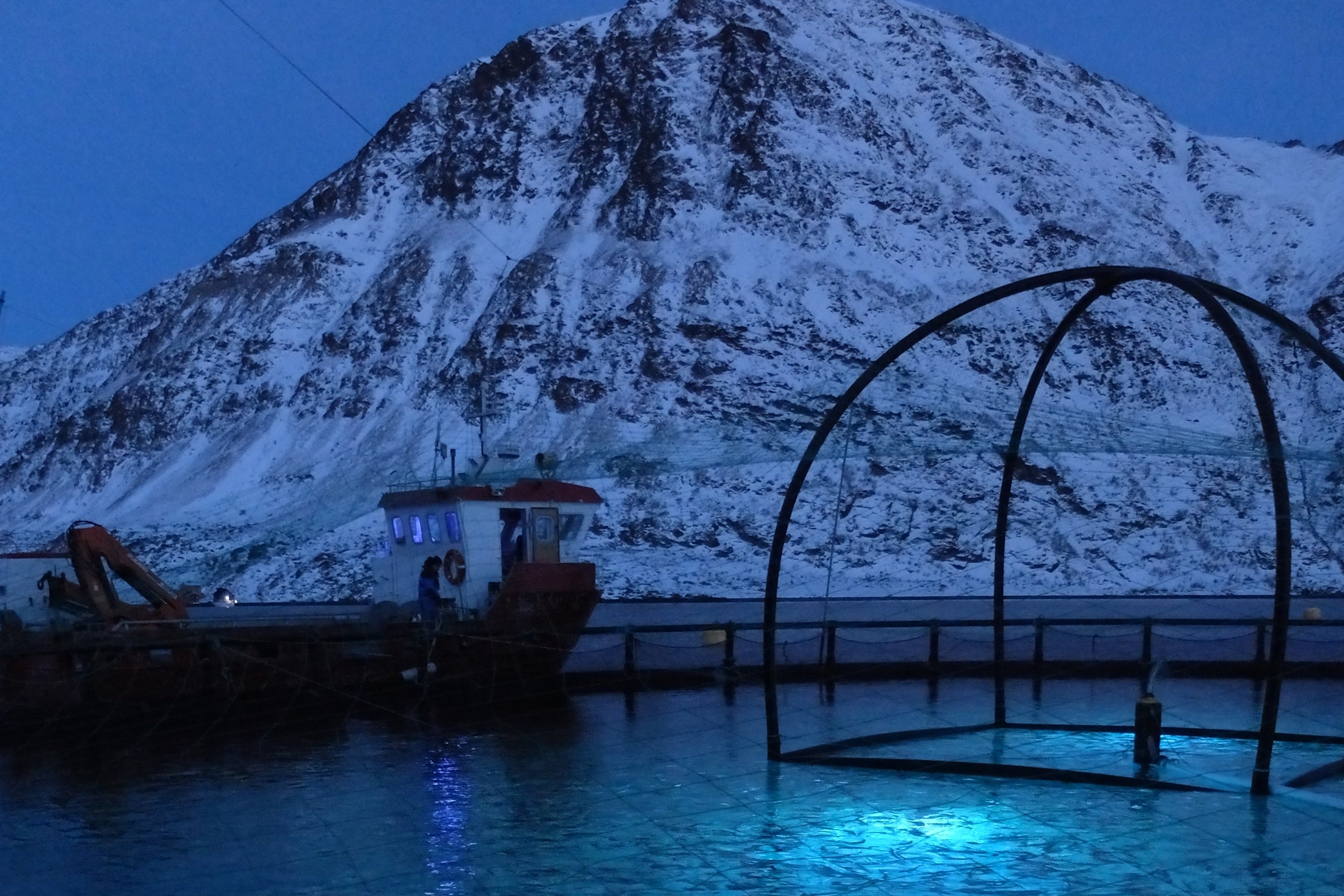 A scenic view of a snowy mountain at dusk with a blue-toned body of water in the foreground and a small boat and dock in the background.